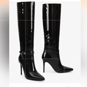 Patent Stilettos boots 4.3 in heel approx 16 tall, gold buckle, designer…